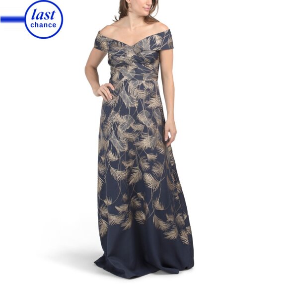 TERI JON Navy Jacquard Off The Shoulder Gown - Picture 1 of 2